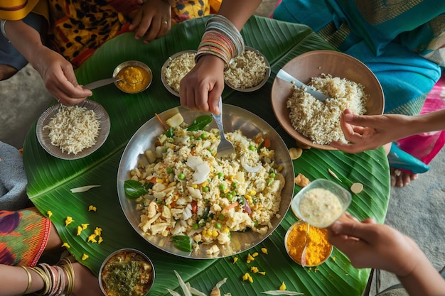 Foto vista aérea de mãos de uma família servindo e comendo uma refeição nutritiva em folhas de banana