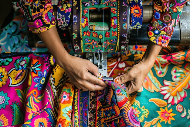 Vista aérea de mãos guiando tecido através de uma máquina de costura com têxteis coloridos do lado