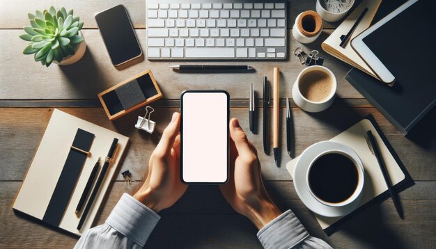 Vista aérea de mãos segurando um smartphone acima de uma mesa bem organizada com um teclado de suprimentos de escritório e uma xícara de café fresco