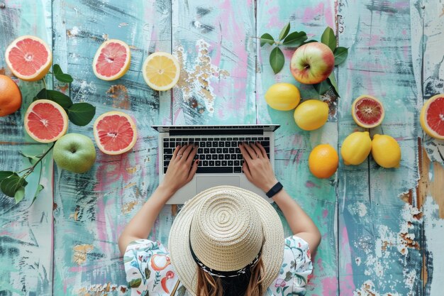 Vista aérea de mulher com laptop cercada de frutas cítricas