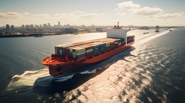 Vista aérea de navios de carga de contêineres de importação, exportação, comércio, negócios, comércio e logística