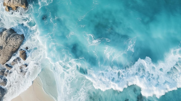 Vista aérea de ondas espumosas do oceano acariciando uma praia de areia com águas turquesa