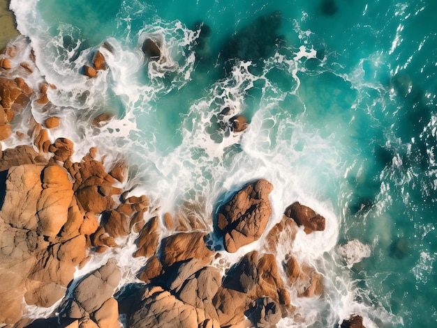 Vista aérea de ondas marinhas batendo nas rochas da costa rochosa com ondas quebrando sobre ela