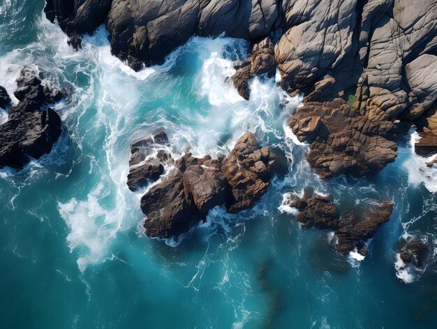 Vista aérea de ondas marinhas batendo nas rochas da costa rochosa com ondas quebrando sobre ela