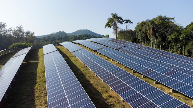 Vista aérea de painéis solares em uma fazenda ecológica. Ambiente de natureza de inovação elétrica.