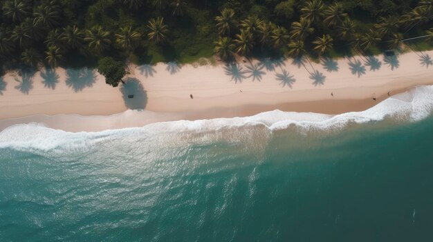 Vista aérea de palmeiras em uma praia com uma praia ao fundo