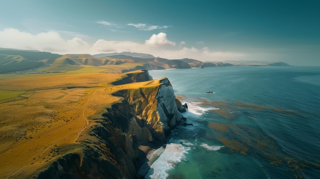 Vista aérea de penhascos escarpados ao longo da costa com campos dourados e oceano azul