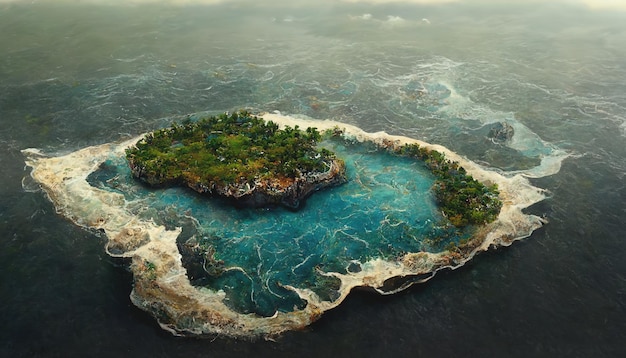 Vista aérea de pequenas ilhas exóticas de atol no mar aberto Bela natureza ilustração 3D