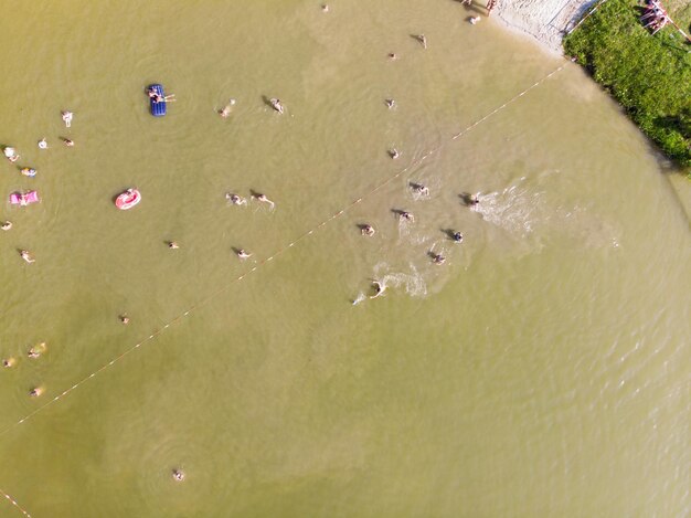 Vista aérea de pessoas nadando no lago