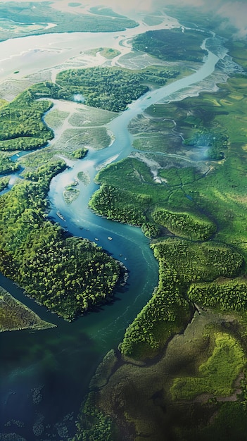 Vista aérea de rios sinuosos em florestas verdes exuberantes Conservação da natureza e do meio ambiente