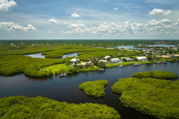 Vista aérea de subúrbios residenciais com casas particulares localizadas perto de pântanos de vida selvagem com vegetação verde na costa do mar conceito de vida perto da natureza