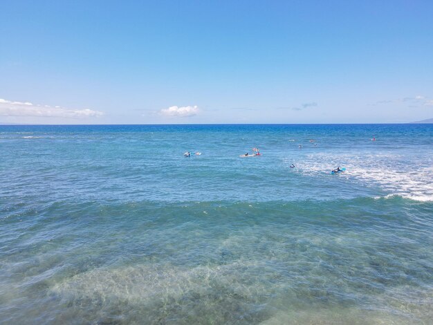 Vista aérea de surfistas e ondas no oceano azul cristalino em Maui Hawaii EUA