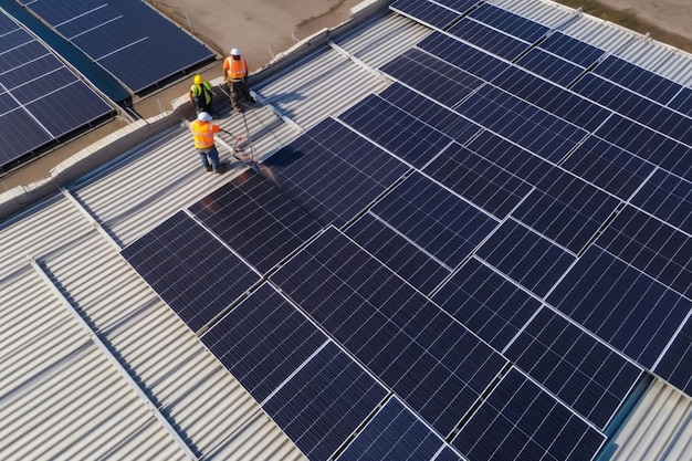 Vista aérea de técnicos profissionais instalando sistema fotovoltaico no telhado