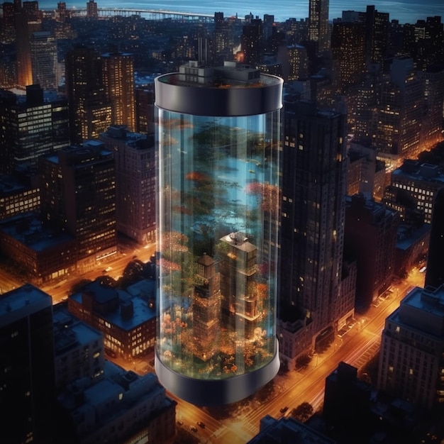 Vista aérea de um aquário gigante em forma de torre Generative AI