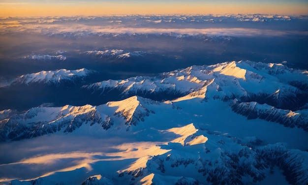 Vista aérea de um avião da paisagem montanhosa coberta de neve azul no inverno