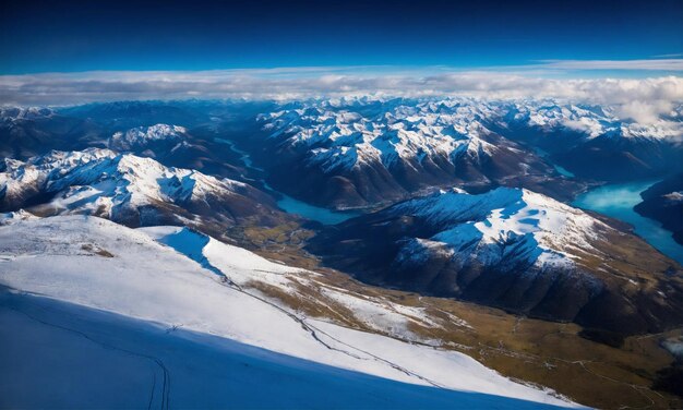 Foto vista aérea de um avião da paisagem montanhosa coberta de neve azul no inverno