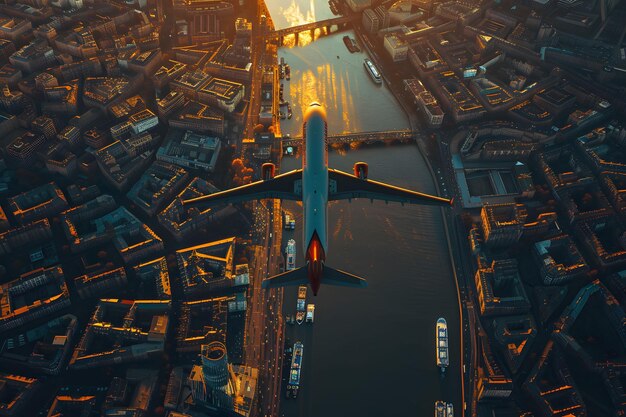 Vista aérea de um avião de passageiros voando sobre uma cidade ao pôr do sol Conceito de transporte de viagem