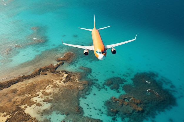 Vista aérea de um avião voando sobre o mar