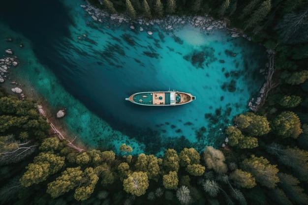 Vista aérea de um barco ancorado em uma enseada cheia de floresta