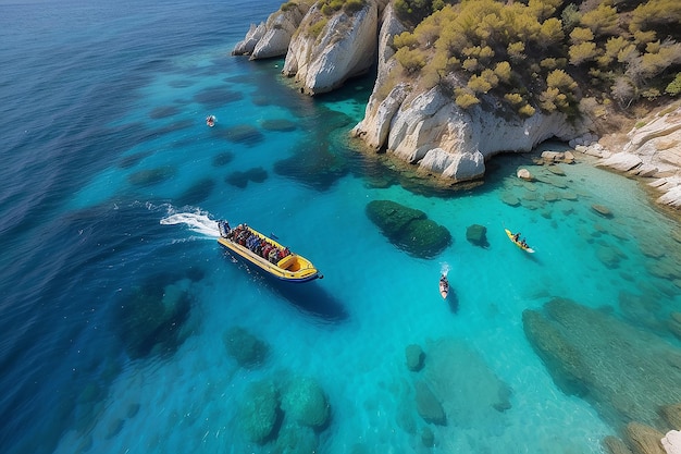 Vista aérea de um barco com snorkelers e mergulhadores na costa turquesa do Mar Egeu, na Grécia