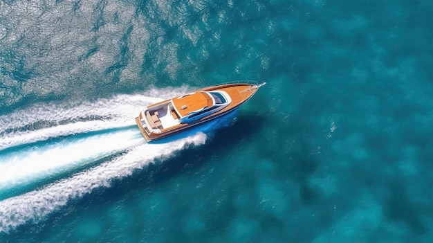 Foto vista aérea de um barco de velocidade em águas azuis e limpas