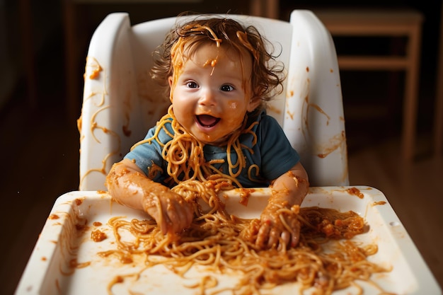 Vista aérea de um bebê fazendo bagunça na comida. Espaguete no rosto
