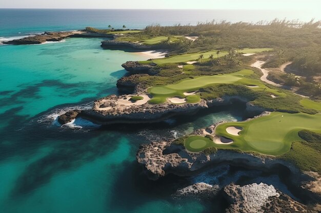 Foto vista aérea de um belo campo de golfe com areia verde e rochas