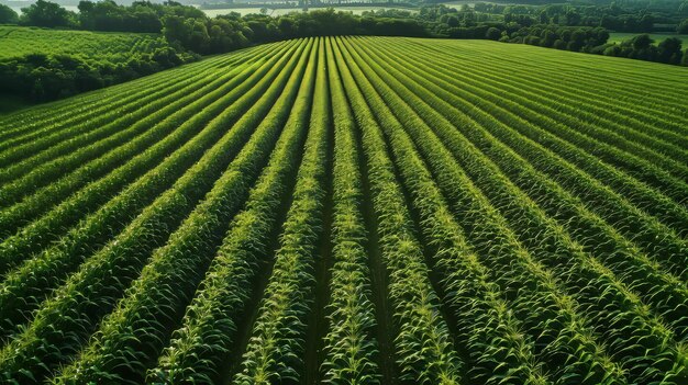 Foto vista aérea de um campo de milho com fileiras perfeitamente alinhadas criando um padrão hipnotizante ia generativa