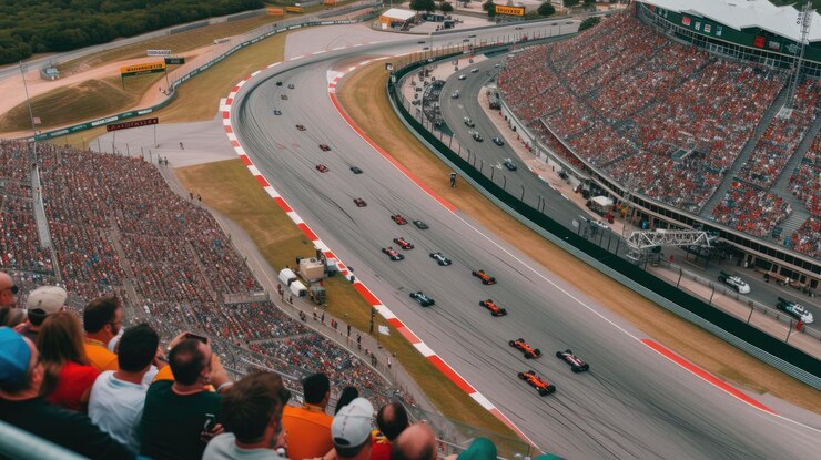 Foto vista aérea de um carro de corrida a conduzir um carro na pista de corrida com um espectador inteligente