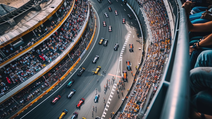 Foto vista aérea de um carro de corrida dirigindo um carro na pista de corrida com o espectador inteligente aig42