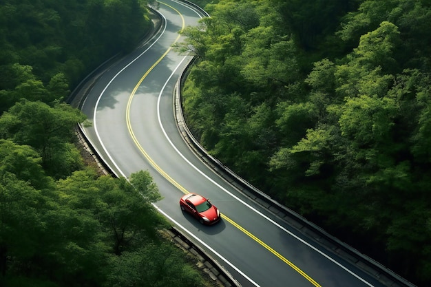 Vista aérea de um carro dirigindo em uma rodovia na floresta