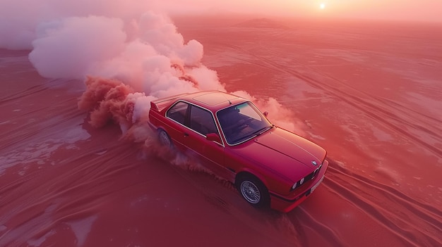 Foto vista aérea de um carro esportivo vermelho correndo em uma paisagem de areia com fumaça vermelha dramática e pôr do sol