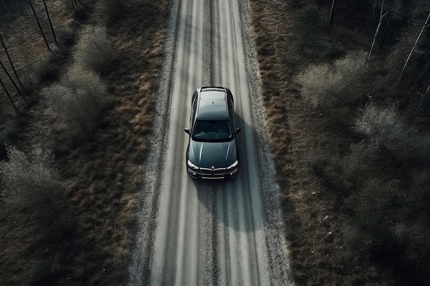 Vista aérea de um carro na estrada