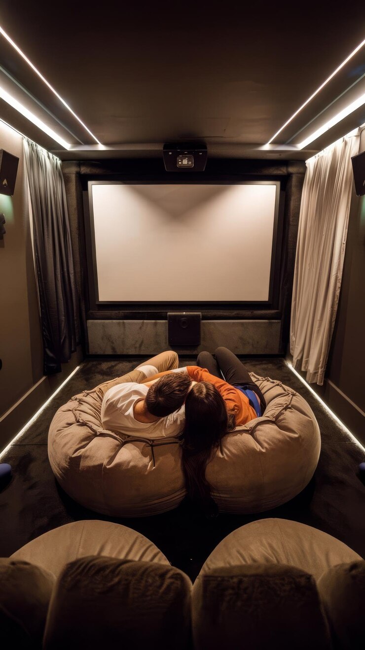 Foto vista aérea de um casal deitado em um assento de saco macio assistindo a um cinema de projetor para dois amantes