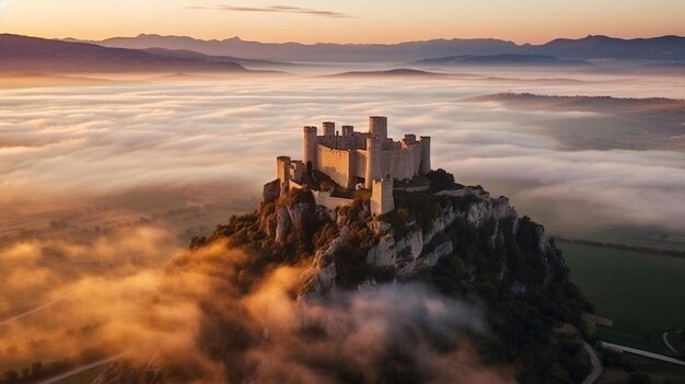 Foto vista aérea de um castelo medieval em um belo sol nebuloso