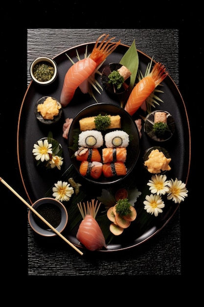 Vista aérea de um conjunto de sushi em uma placa preta criada com ai generativa