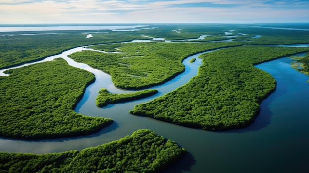 Vista aérea de um delta de rio com vegetação verdejante e cursos de água sinuosos