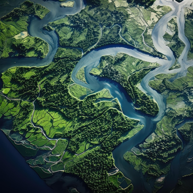 vista aérea de um delta de rio com vegetação verdejante e cursos de água sinuosos