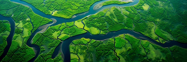 Vista aérea de um delta fluvial com vegetação verde exuberante e cursos de água sinuosos