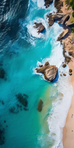 Vista aérea de um deslumbrante resort de praia australiano com uma praia de areia, capturada em um estilo de aquarela ousado e vibrante. Esta imagem UHD mostra as ondas naturalistas do oceano, criando um cenário hipnotizante