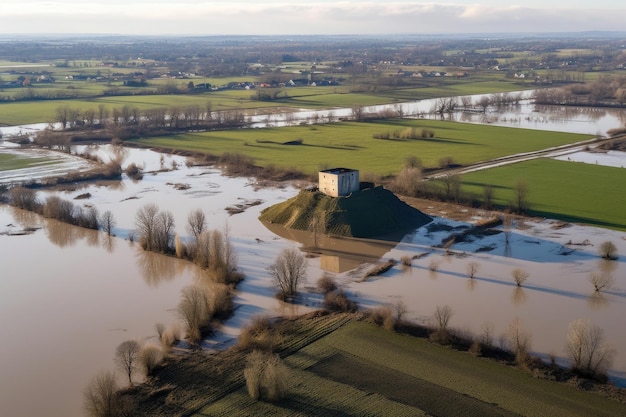 Vista aérea de um dique danificado com águas de inundação criadas com ai gerador