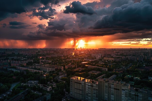 Vista aérea de um dramático pôr-do-sol sobre os subúrbios com nuvens de chuva