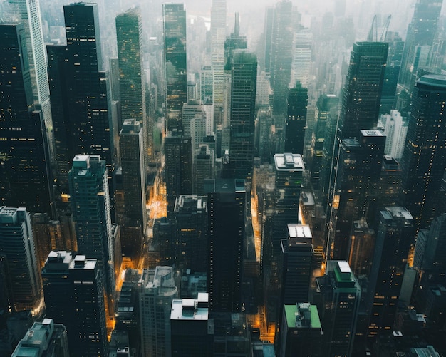 Vista aérea de um enorme horizonte de cidade grande à noite e ao pôr do sol Conceito de distrito comercial