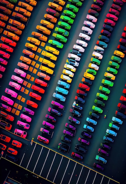 Vista aérea de um estacionamento com muitos carros coloridos AI gerativa