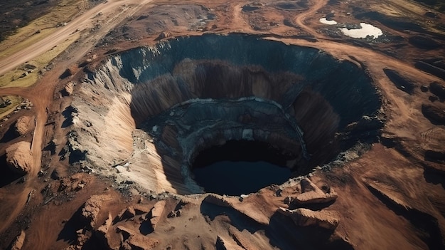 Foto vista aérea de um grande buraco circular de mina de superfície no conceito de mineração de recursos naturais subterrâneos