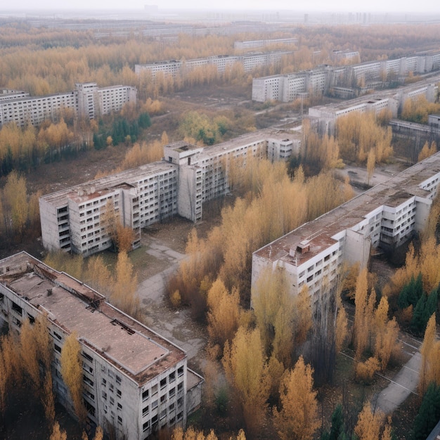 Vista aérea de um grande edifício com muitas janelas e muitas árvores.