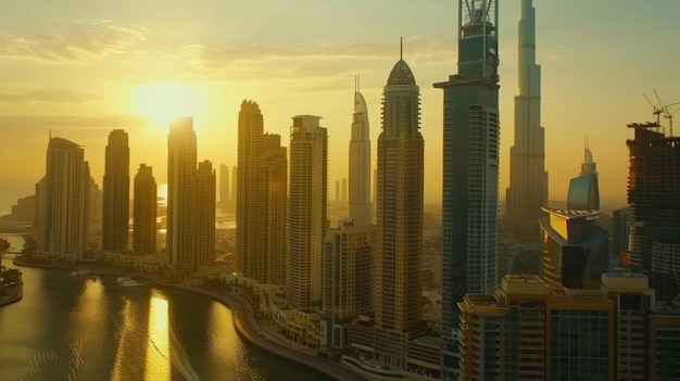 Vista aérea de um horizonte movimentado da cidade durante o nascer do sol lançando uma tonalidade dourada sobre a paisagem urbana