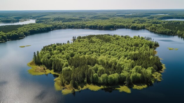 Vista aérea de um lago de água azul e bosques verdes de verão na Finlândia Recurso criativo gerado por IA