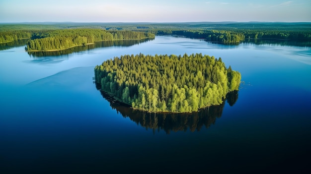 Vista aérea de um lago de água azul e bosques verdes de verão na Finlândia Recurso criativo gerado por IA