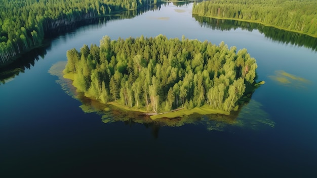 Vista aérea de um lago de água azul e bosques verdes de verão na Finlândia Recurso criativo gerado por IA